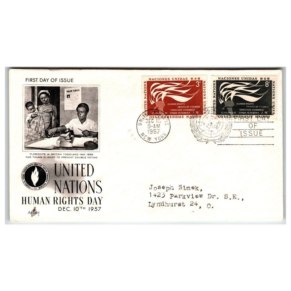 Scott #UN 3c & 8c 1957 United Nations Human Rights Day First Day Cover FDC